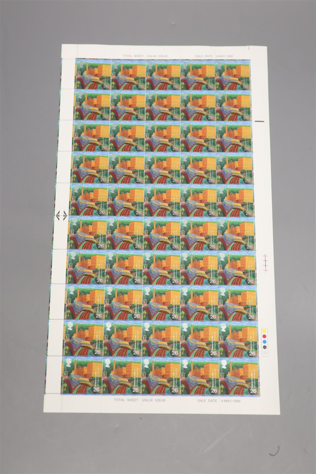 A complete double sheet of DeLaRue British postage stamps,